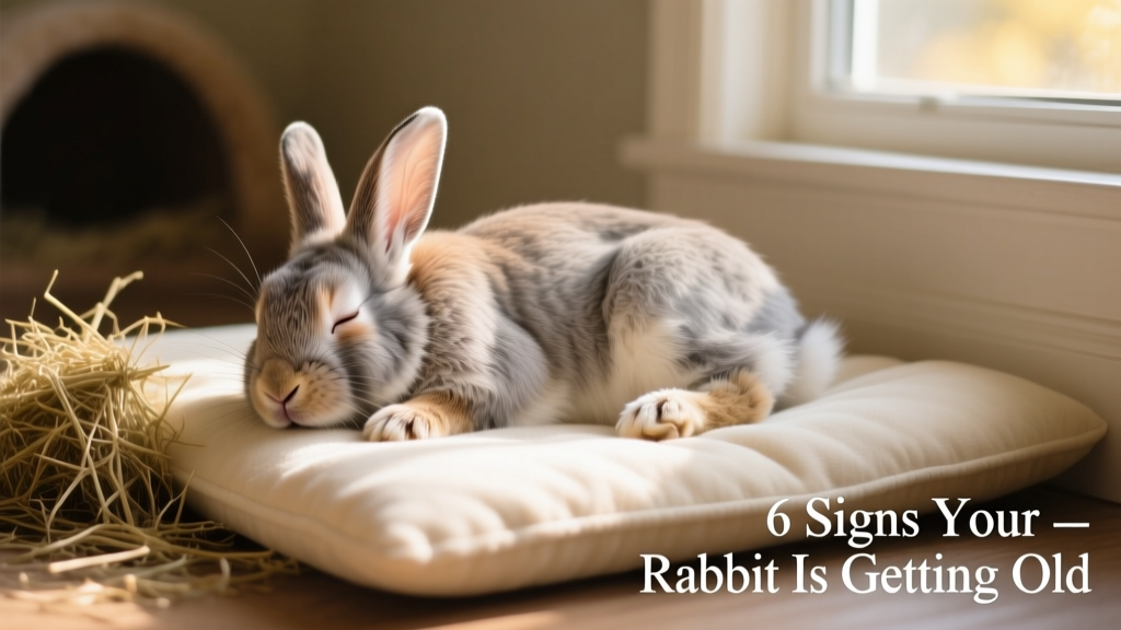 Senior rabbit peacefully napping on a soft, padded mat with hay nearby