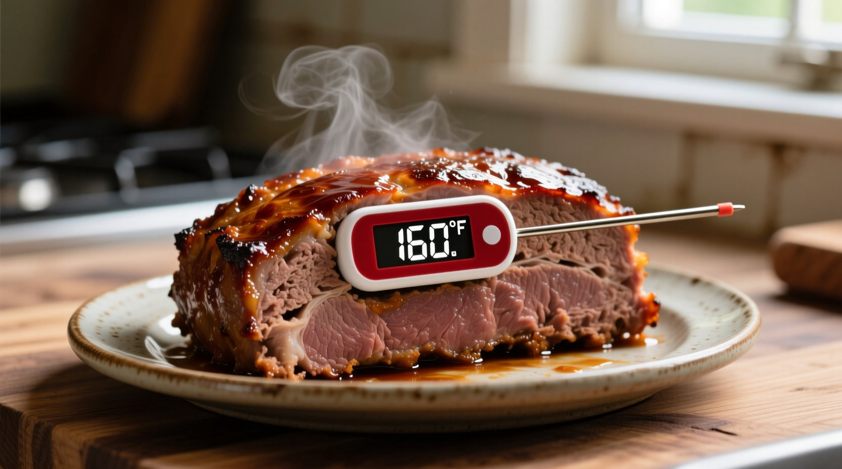 Meatloaf thermometer reading 160 degrees Fahrenheit