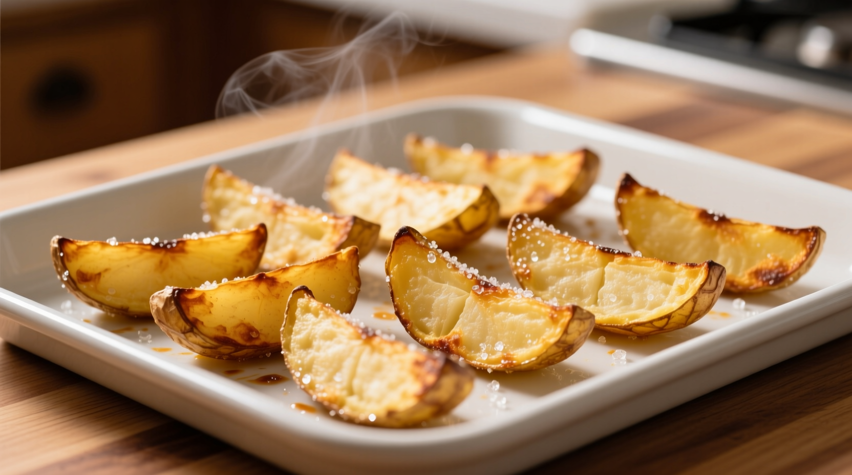 Golden crispy potato wedges on baking sheet
