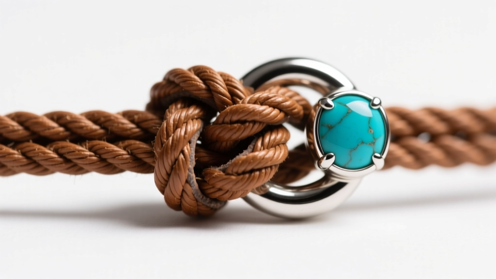 Close-up of a braided macrame sliding knot made from 1.5mm brown leather cord securing a heavy sterling silver and turquoise clasp