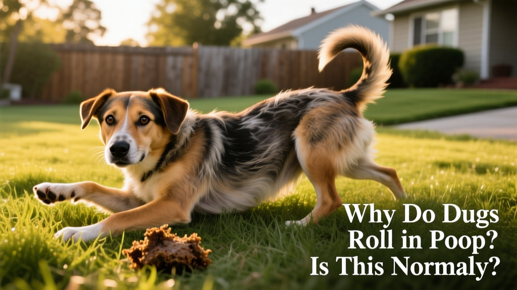 A dog rolling sideways on grass near a visible patch of dried feces
