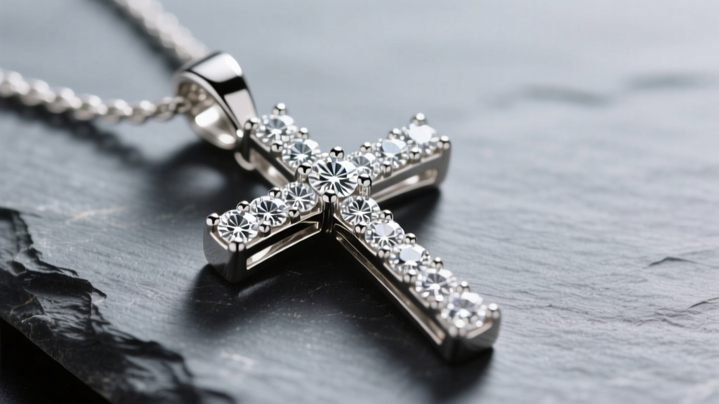 Close-up of 14k white gold diamond cross pendant on slate, showing rhodium plating and pave diamonds under soft studio lighting.