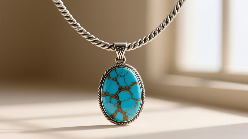 Thick sterling silver rope chain threaded through a handmade bail on a vintage Native American turquoise stone pendant necklace