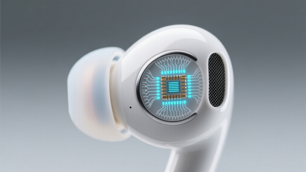 Macro photography of a wireless earbud silicone tip revealing embedded biometric sensors and acoustic mesh designed for 2026 lossless audio transmission