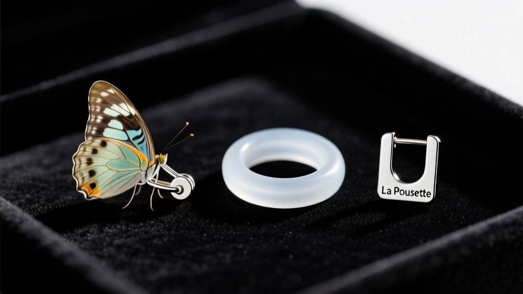 Macro shot of a butterfly friction back, a silicone O-ring, and a La Pousette locking earring back resting on dark velvet.
