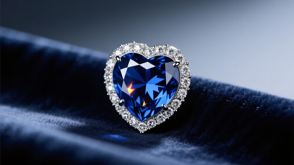 Macro shot of a heart-cut blue sapphire pendant with a diamond halo, resting on dark navy velvet under soft studio lighting