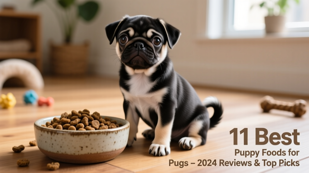 A playful 8-week-old pug puppy sitting beside a bowl of high-quality kibble