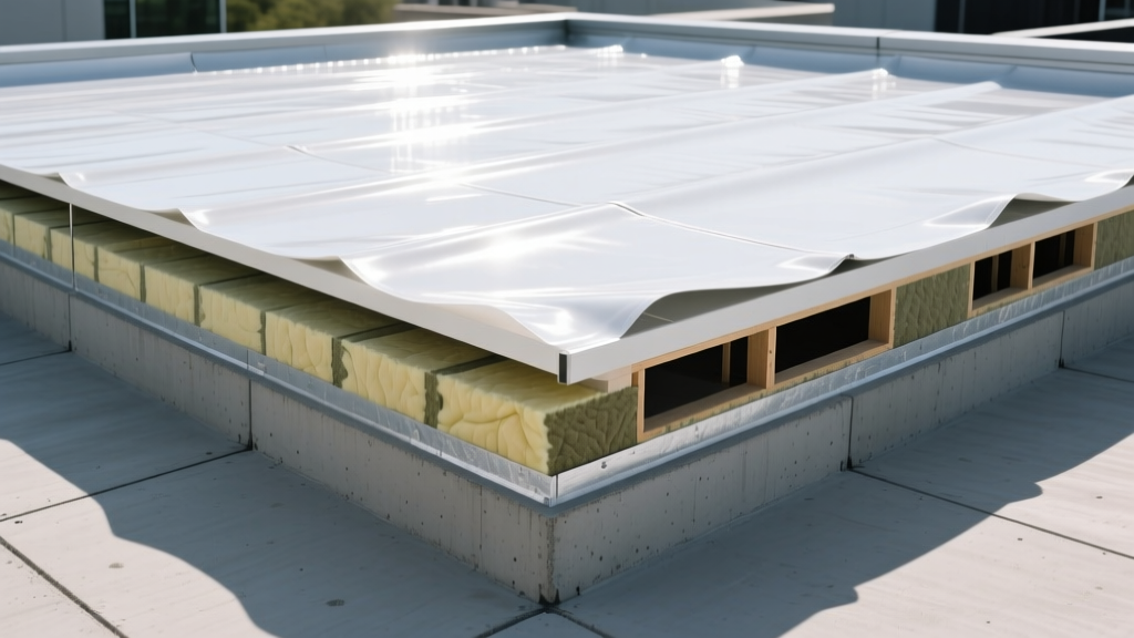 Cross-section of a commercial roof showing concrete, insulation, and a fully adhered white TPO waterproofing membrane in bright sunlight