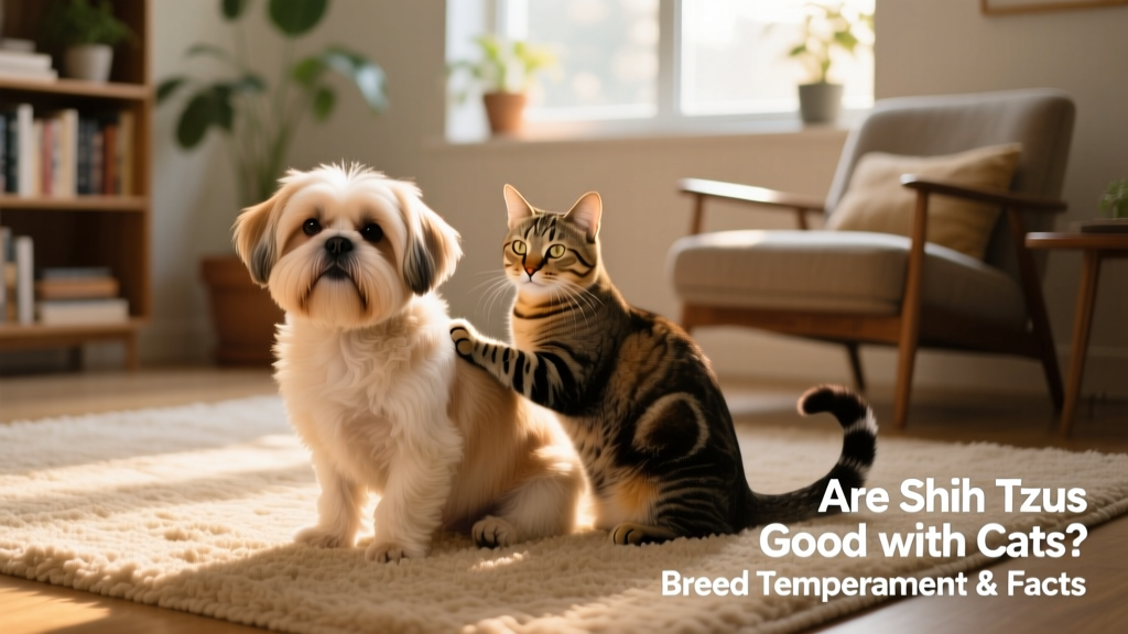 A Shih Tzu and a tabby cat sitting side-by-side on a rug, both relaxed and facing the same direction