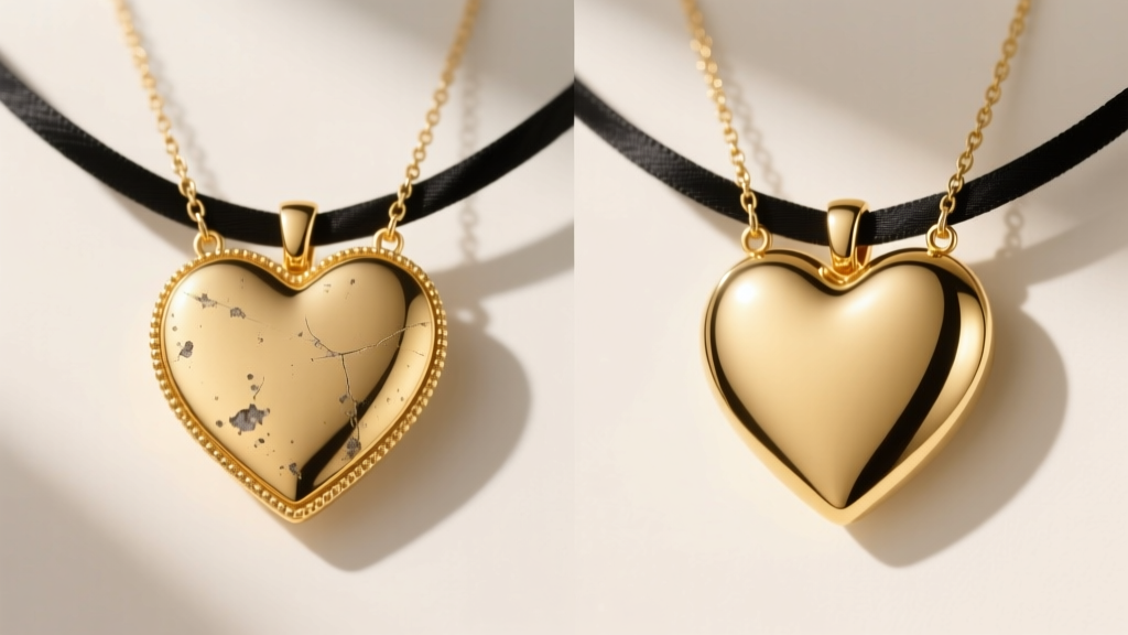 Side-by-side comparison of a gold vermeil lucky heart necklace showing edge wear next to a pristine solid 18k gold version
