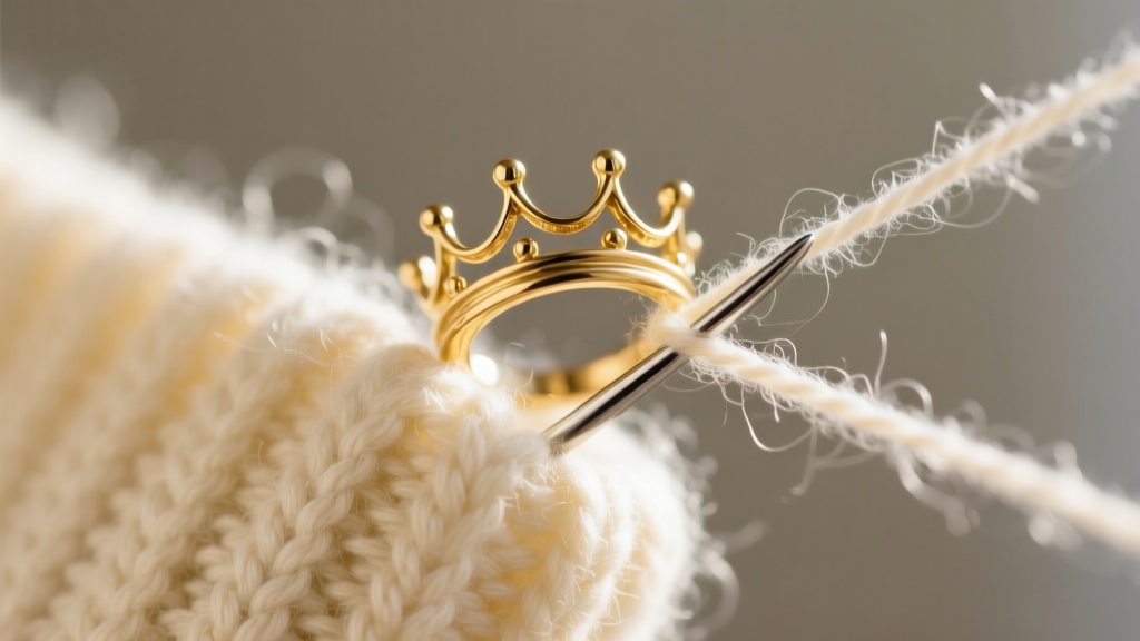 Close-up of a bent gold vermeil crown prong catching on a loose thread of a cream knit sweater, highlighting jewelry snagging