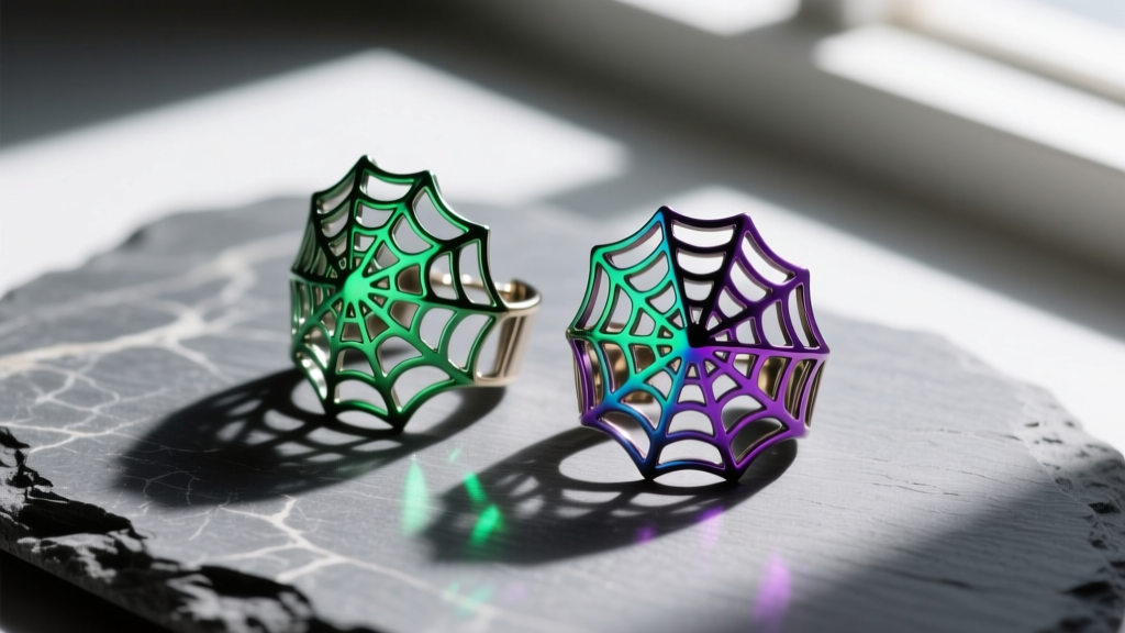 Macro shot of niobium spiderweb ear cuffs anodized in toxic green and deep purple, resting on slate with dramatic shadows.
