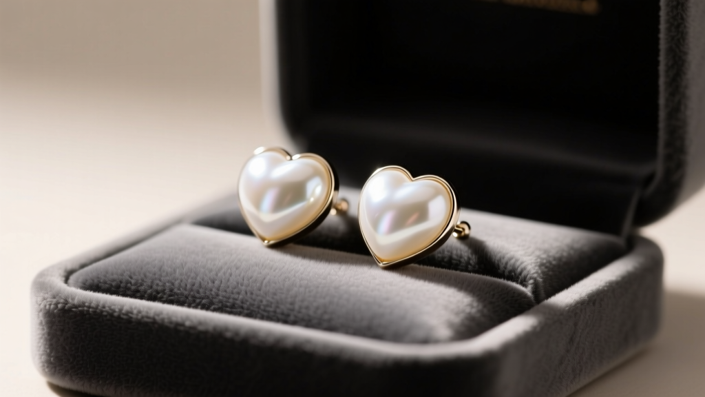 White Akoya pearl heart earrings resting on soft charcoal velvet jewelry tray, illuminated by warm directional studio lighting.