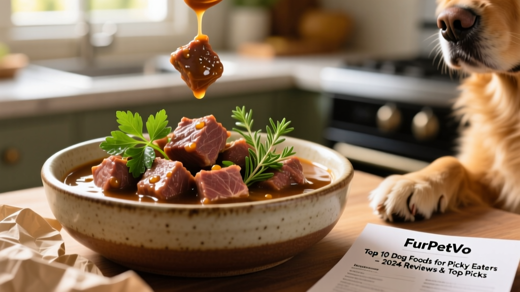 Close-up of FurPetVo Beef Recipe dog food showing tender meat pieces and visible herbs in a glossy, appetizing sauce