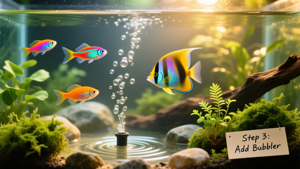 Colorful tropical fish swimming near gentle streams of bubbles rising from an air stone at the bottom of a clean, well-planted aquarium