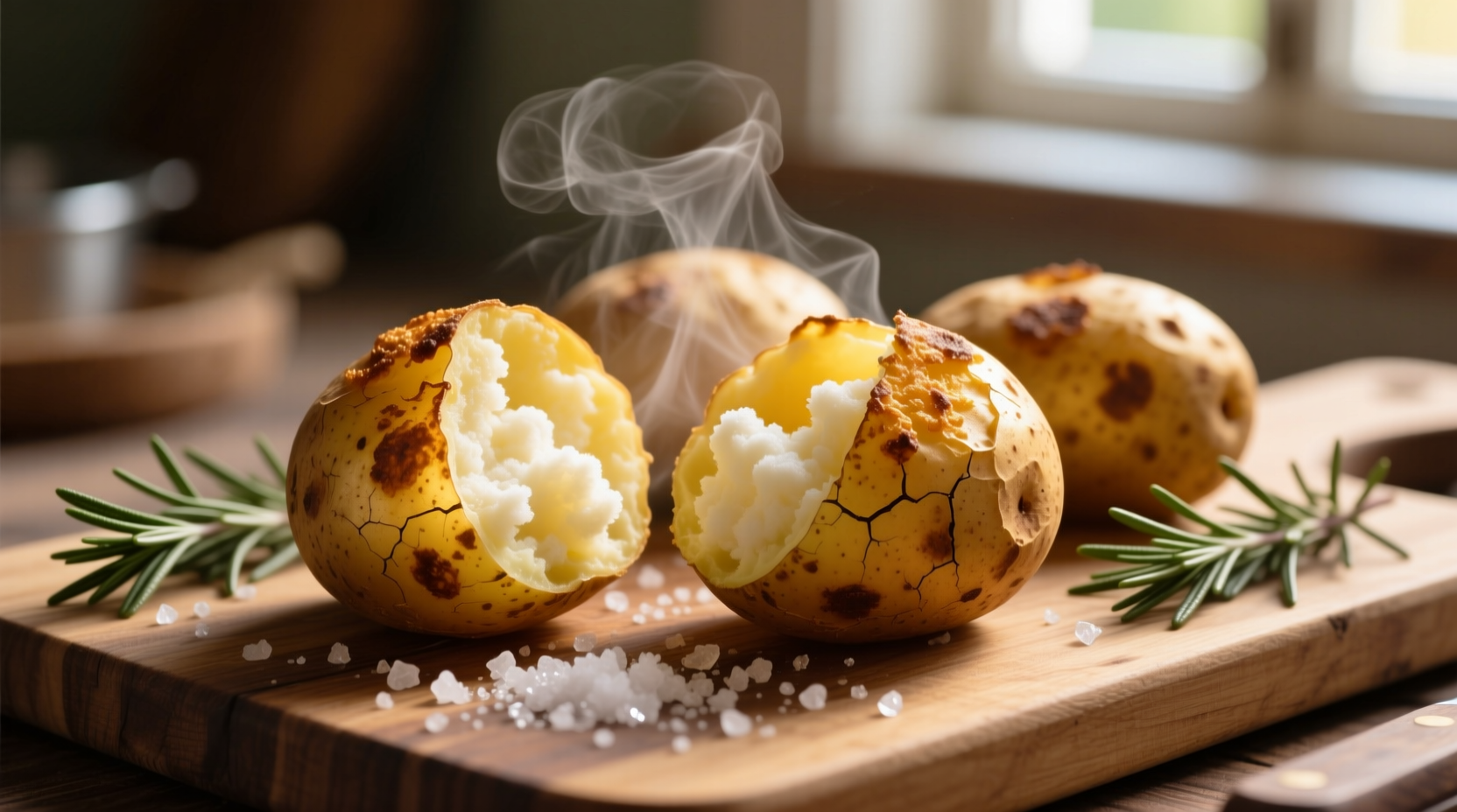 Golden baked potatoes with crispy skin and fluffy interior