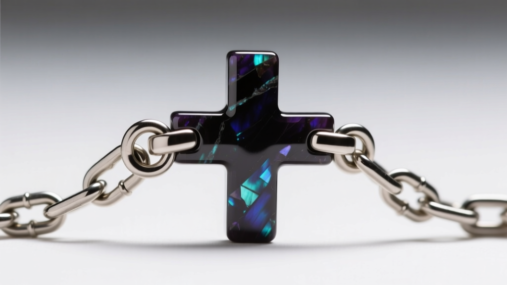 Macro shot of a 2.5mm steel wheat chain through a hematite cross bail, highlighting a secure 15mm stainless steel lobster clasp.
