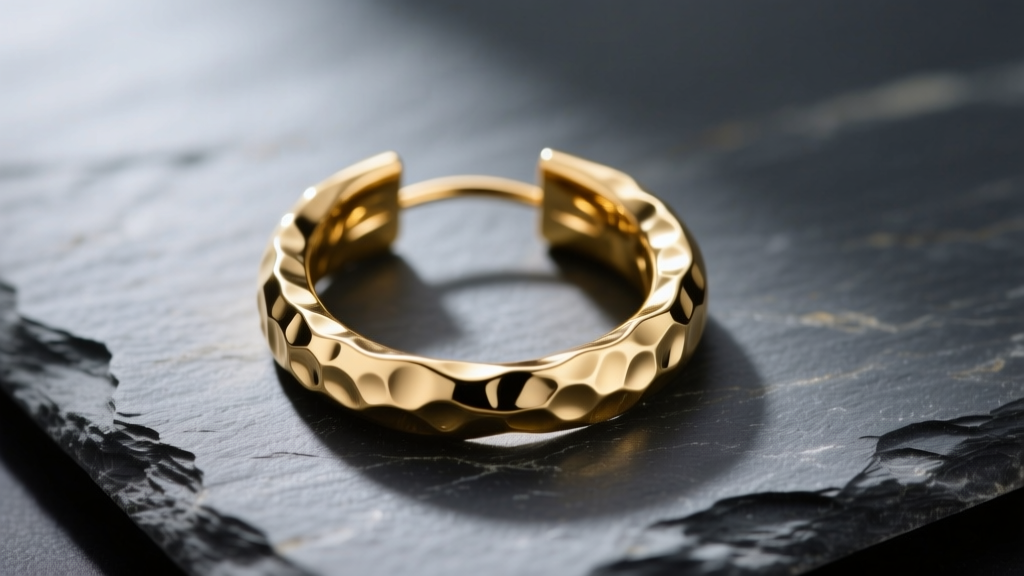 Macro view of 14k gold hammered textured hoop earrings on slate, lit by soft light to reveal intricate metal grooves.