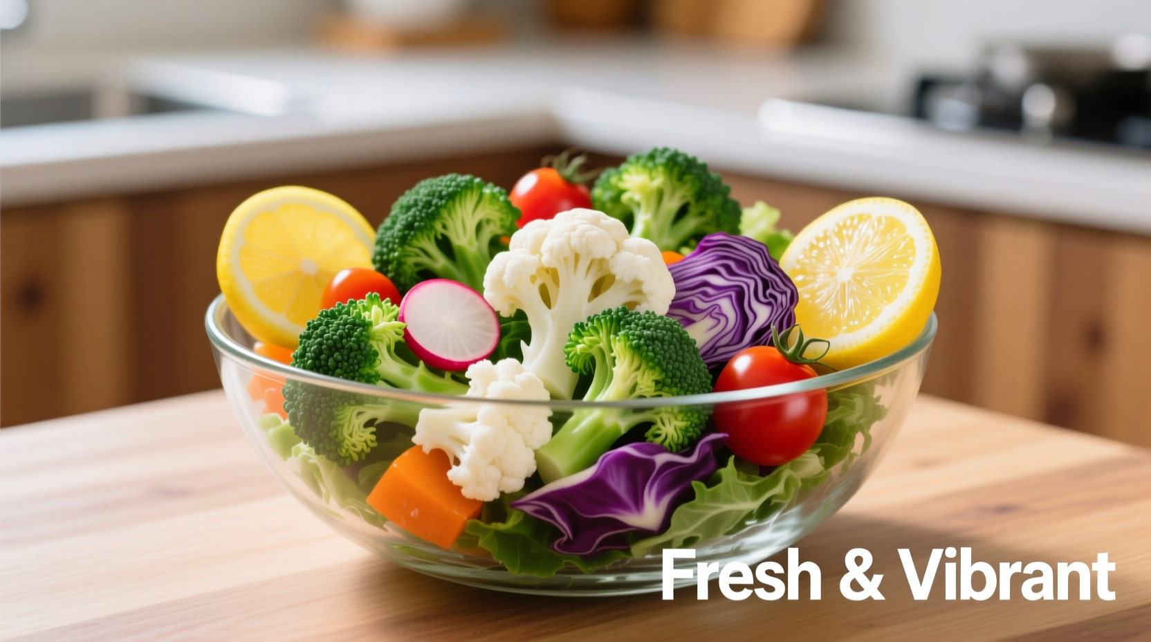 Colorful broccoli cauliflower salad in glass bowl with lemon slices