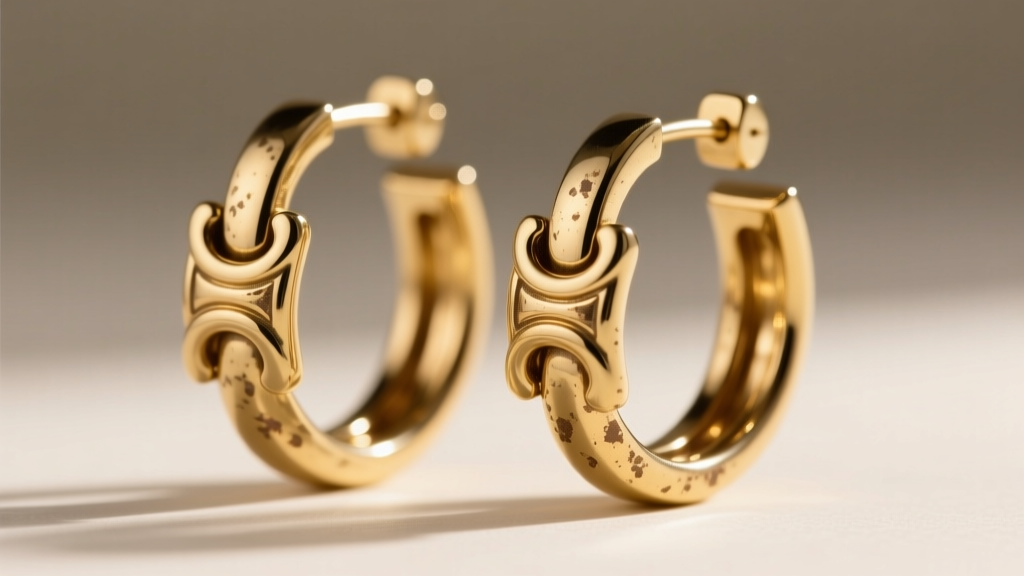 Macro shot of brushed brass Celine hoop earrings showing the intricate interlocking C hardware and a subtle vintage gold patina.