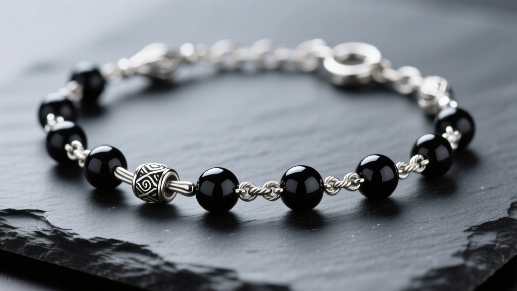 Macro shot of a sterling silver rosary necklace on dark slate, highlighting soldered cable chain links and smooth 6mm onyx beads