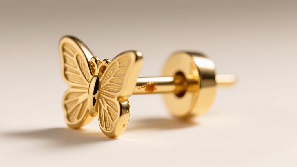 Macro shot of an 18k gold earring post and butterfly backing inspected for sebum under bright, focused studio lighting setup