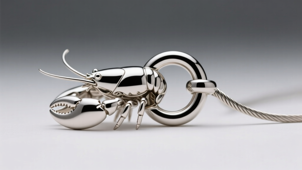 Close-up of a silver lobster clasp attached to a soldered jump ring on a delicate cable chain under bright studio lighting