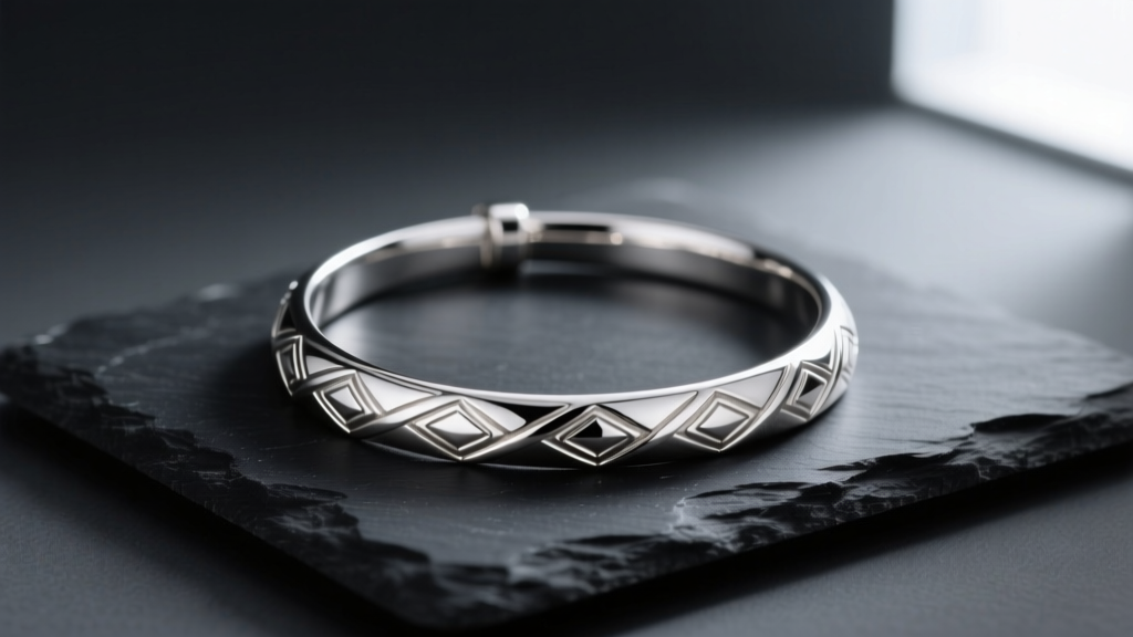 Polished 925 sterling silver torque necklace resting on dark slate, reflecting soft studio lighting with a clean minimalist aesthetic