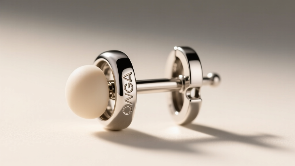 Macro shot of a platinum omega-back earring clasp with a silicone stopper, highlighting the intricate metalwork hinge.