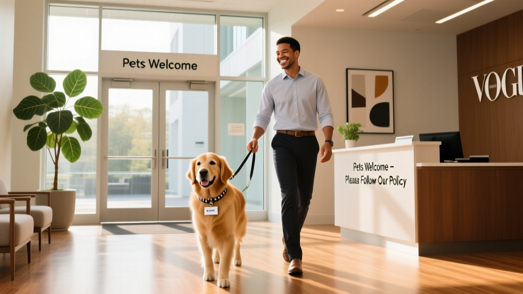 An employee gently guiding their leashed dog through a welcoming office lobby with clear signage about pet policies