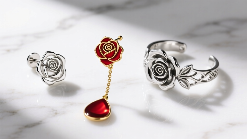 Flat lay of three sterling silver rose earring styles: a minimalist stud, an enamel drop, and a floral ear cuff on white marble.