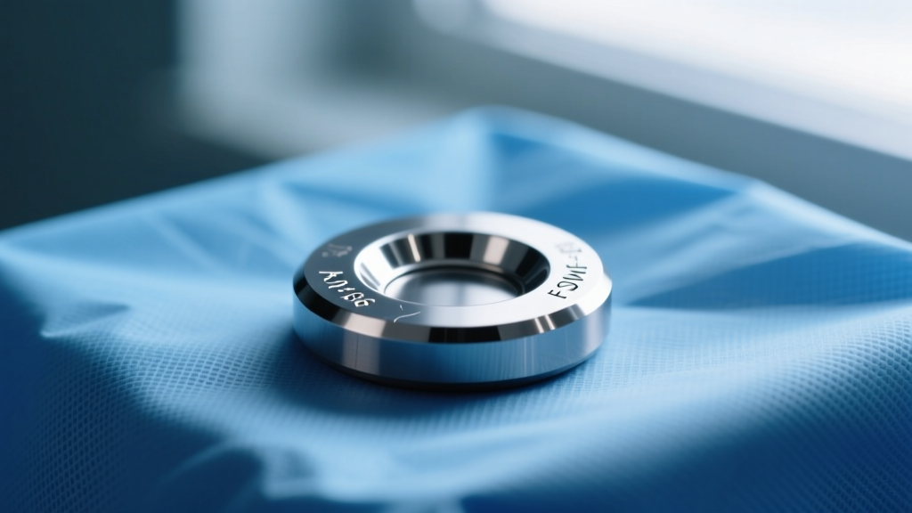 Macro shot of an ASTM F-136 implant-grade titanium flat back labret with mirror finish resting on a sterile blue medical drape.