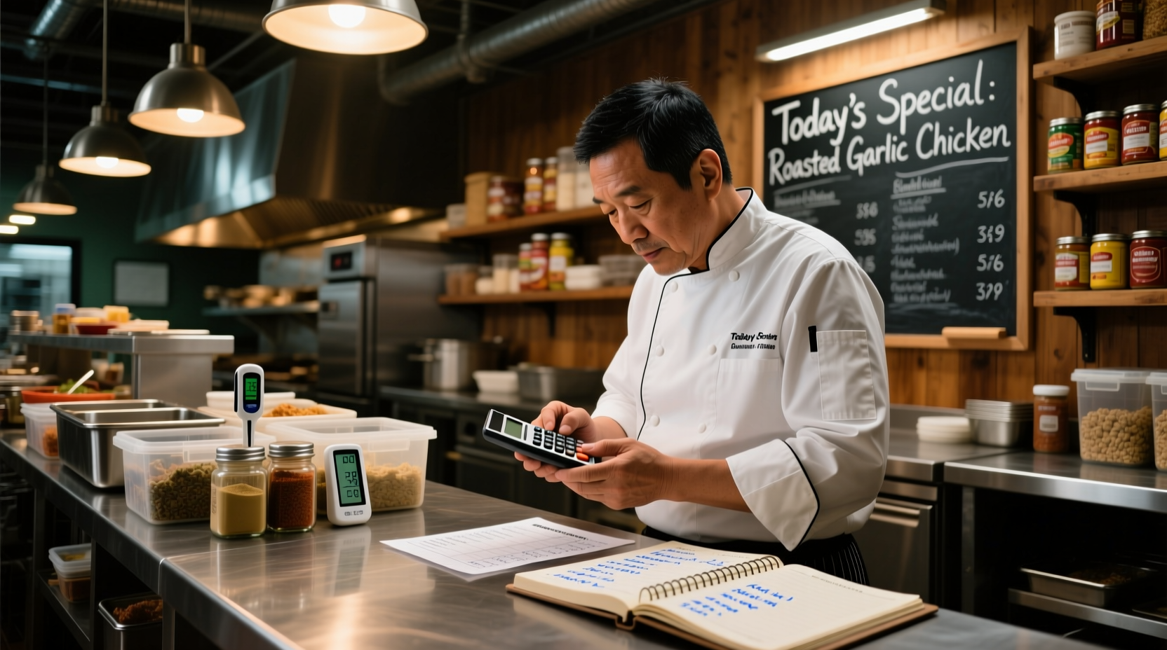Restaurant manager calculating food costs with calculator and inventory sheet