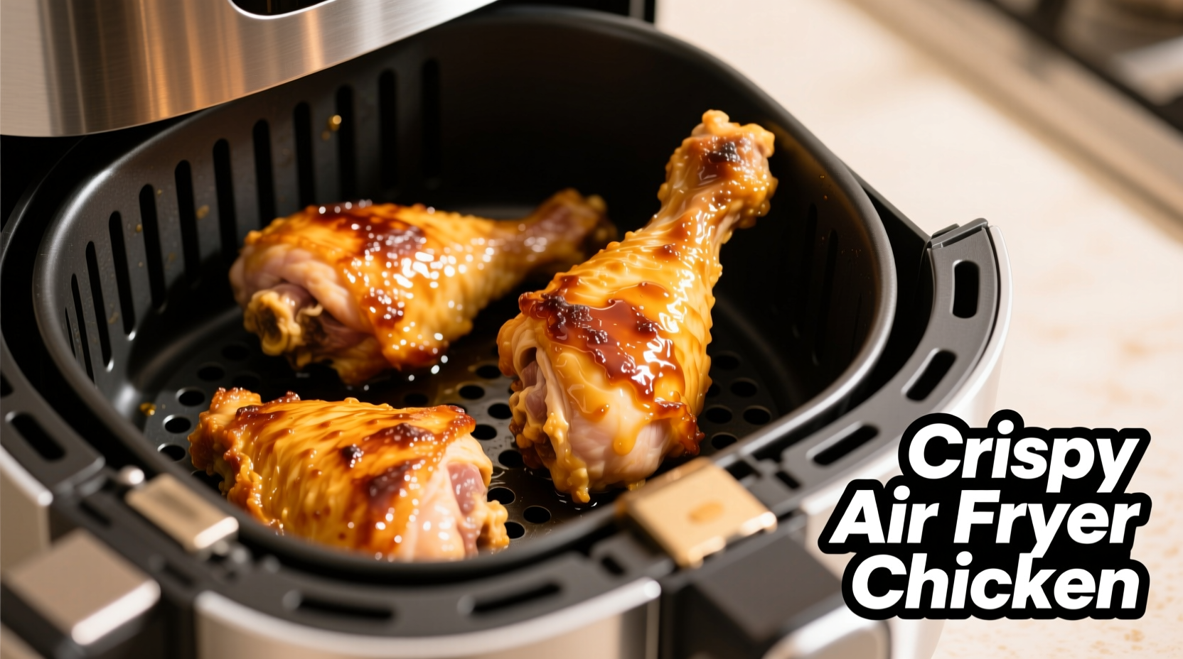 Crispy golden chicken thighs in air fryer basket