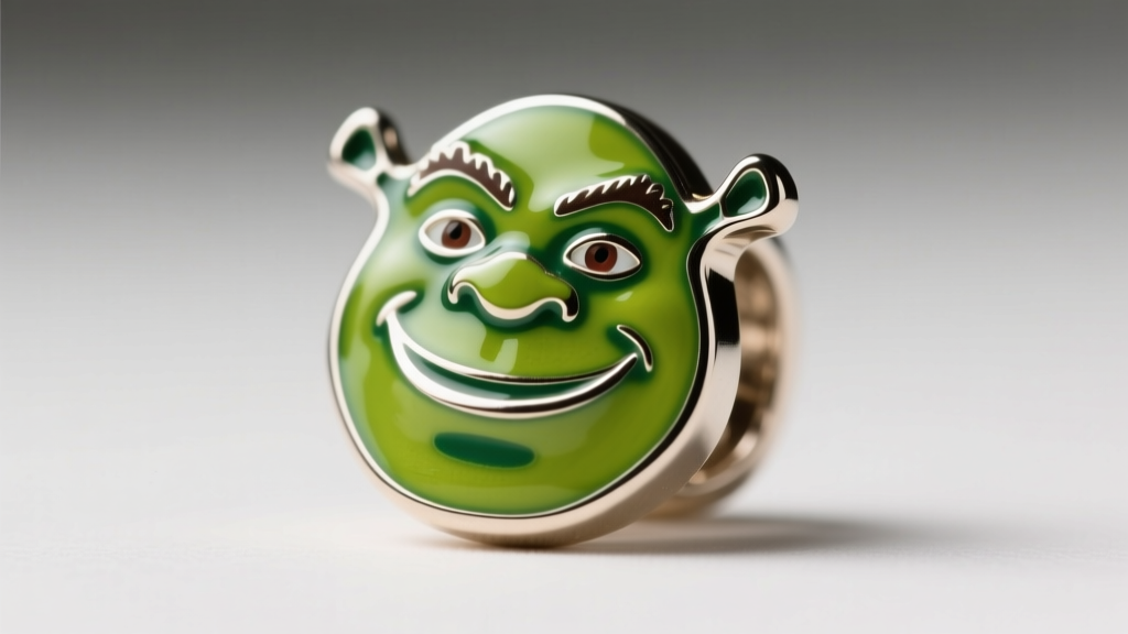 Macro photo of a hard enamel Shrek charm showing the flat, polished metallic borders and vibrant green recessed paint details.