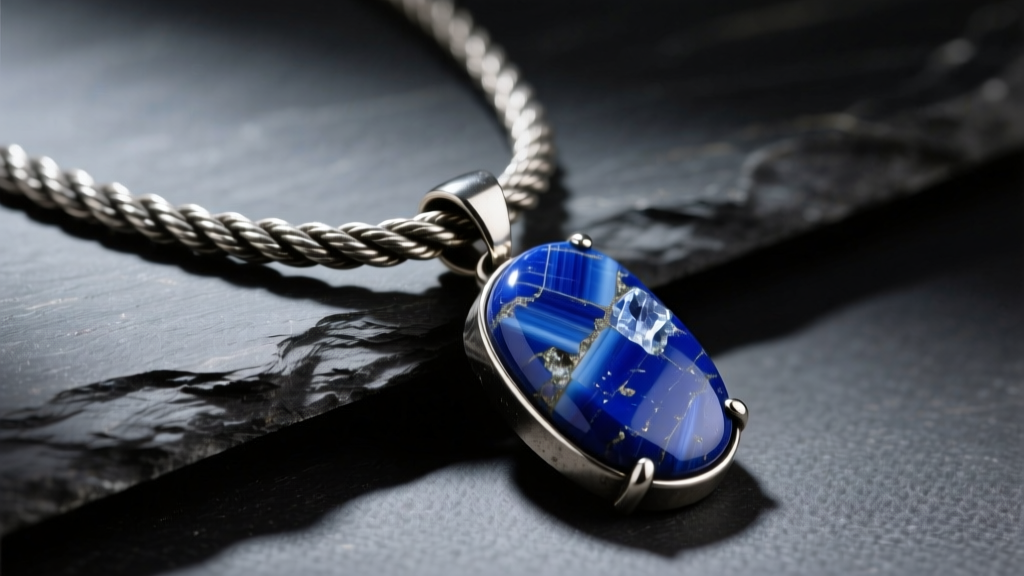 Rugged mens gem necklace featuring a raw lapis lazuli pendant on a thick oxidized sterling silver rope chain resting on dark slate