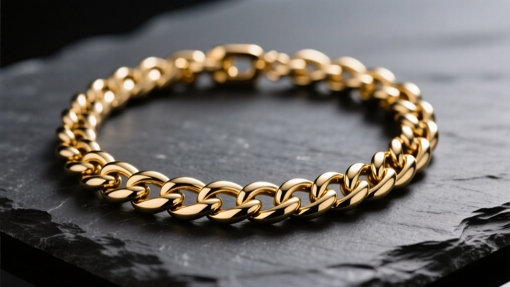 Close-up of a gold PVD-coated stainless steel Cuban link protected necklace resting on dark slate under soft warm studio lighting.