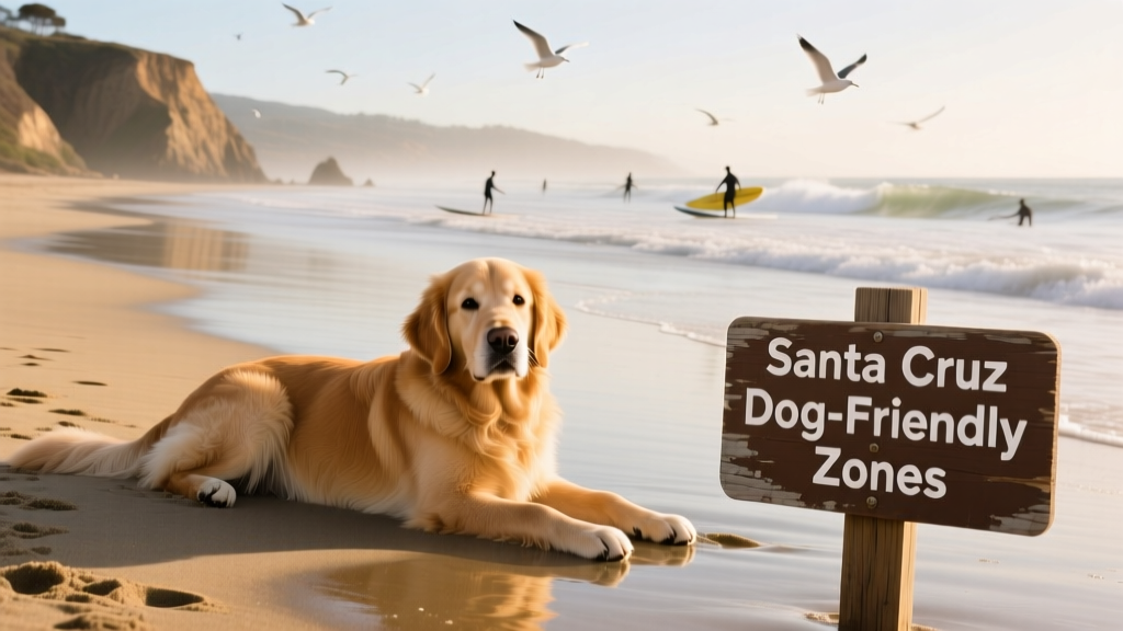 A young golden retriever lying on a Santa Cruz beach by the shoreline