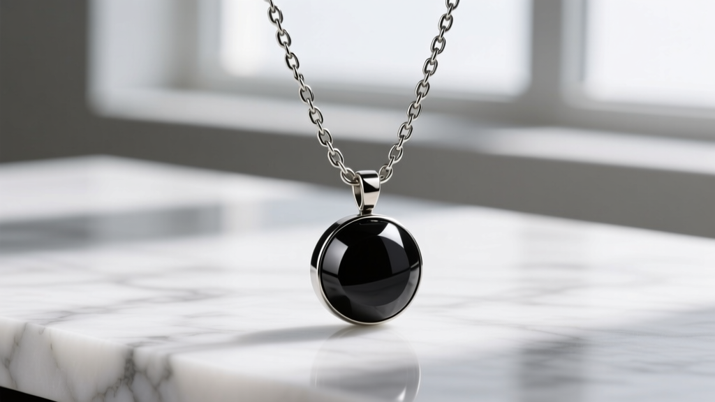 Polished hematite pendant on a 3mm steel Figaro chain, showing the chain strength needed for heavy gray stones.