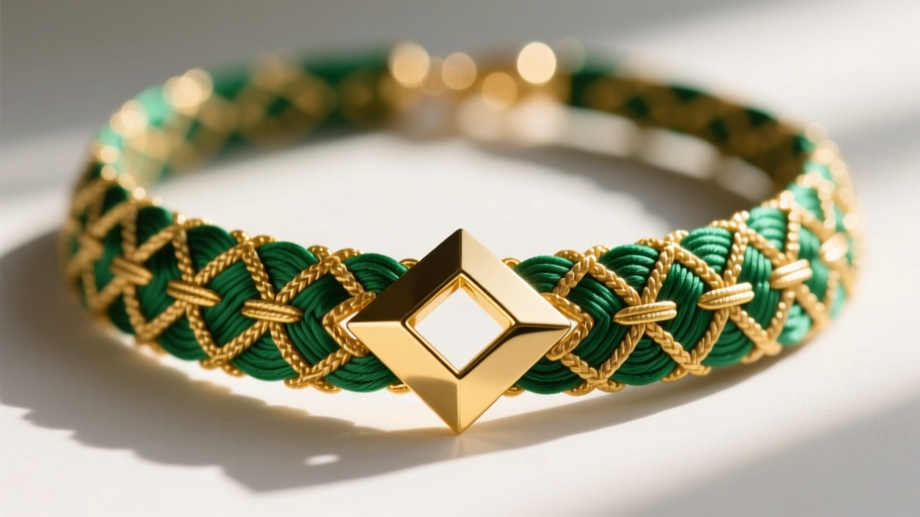 Close-up of a vibrant kante necklace blending traditional woven gold and green silk threads with a 14k gold geometric clasp.