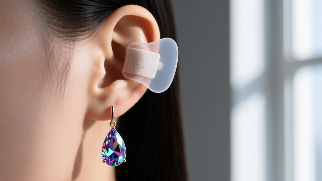 Side view of a heavy teardrop gemstone drop earring supported by a clear silicone patch, highlighting the reinforced earlobe area