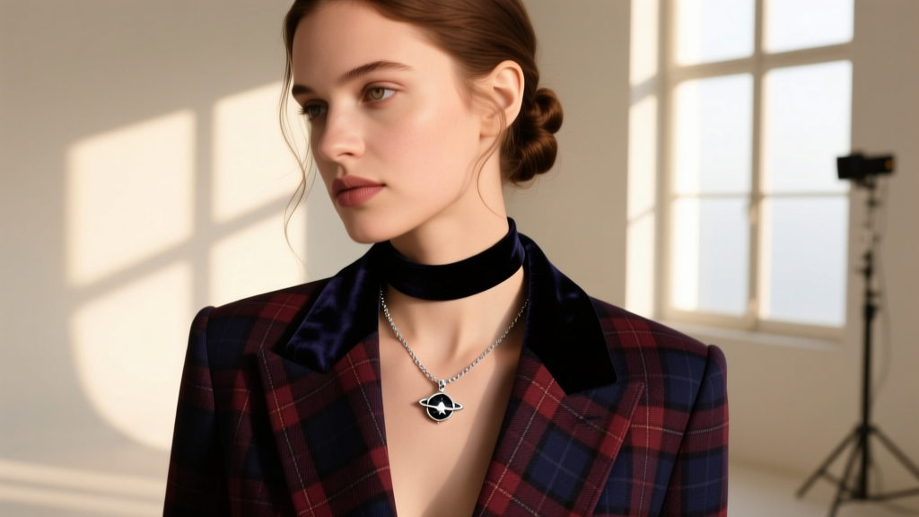 Editorial shot of a model wearing an Arwen necklace layered with a black velvet choker over a dark academia style plaid blazer