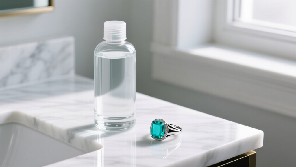 Glass bottle of gentle liquid silver cleaner beside a turquoise and sterling silver ring on a bright white marble vanity surface.