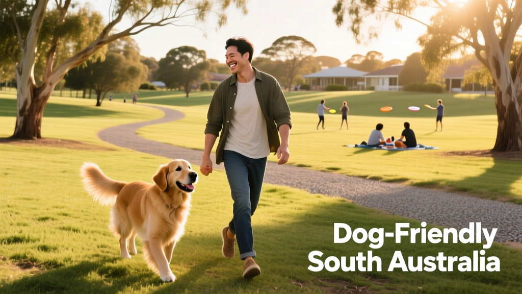A pet parent and their dog enjoying an open, grassy dog-friendly park in South Australia.
