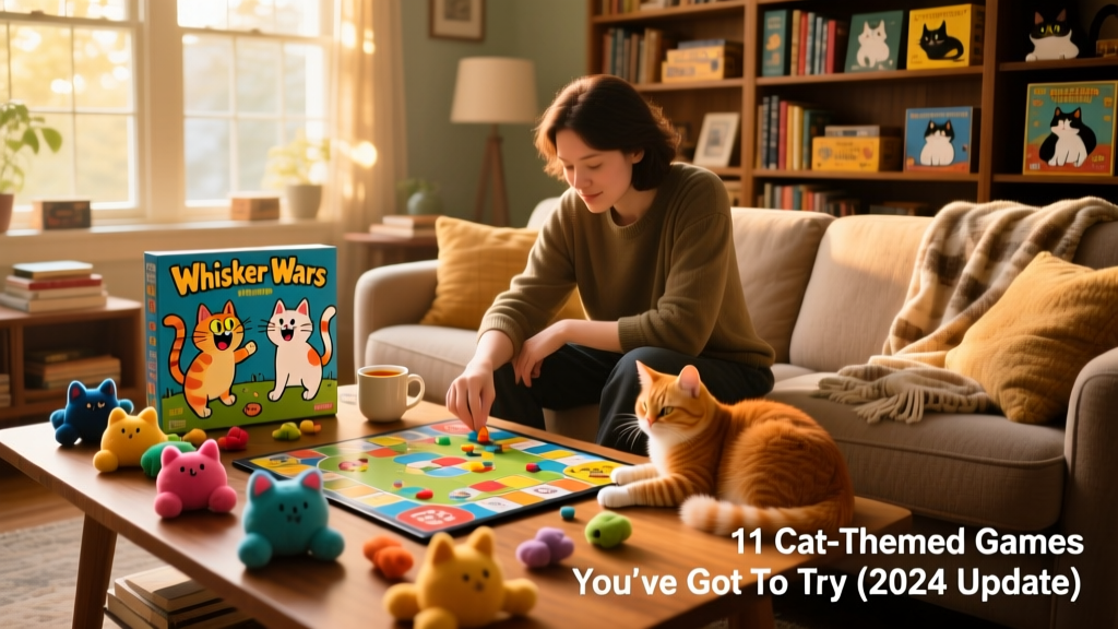 A cozy living room scene with a person playing a board game featuring illustrated cats on the table, surrounded by plush toys and a relaxed cat nearby