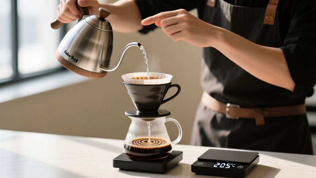 Barista pouring water from Fellow Stagg EKG gooseneck kettle into Hario V60 ceramic dripper, digital scale displaying 205 degrees Fahrenheit