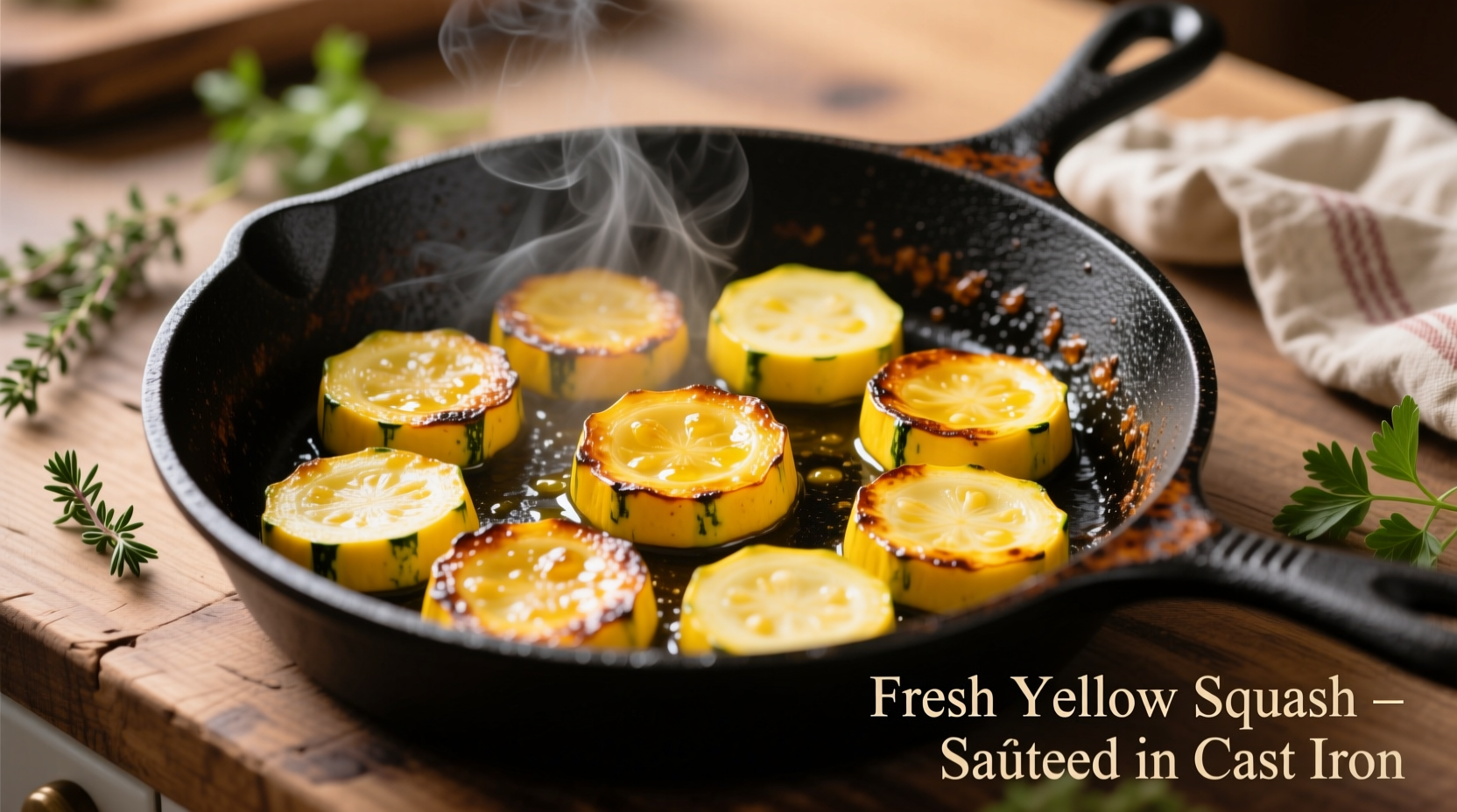 Fresh yellow squash cooking in cast iron skillet