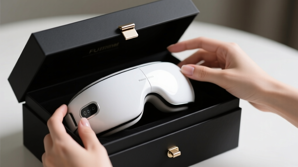 Close-up of hands unboxing a premium white smart heated eye massager from a matte black gift box with a magnetic closure lid