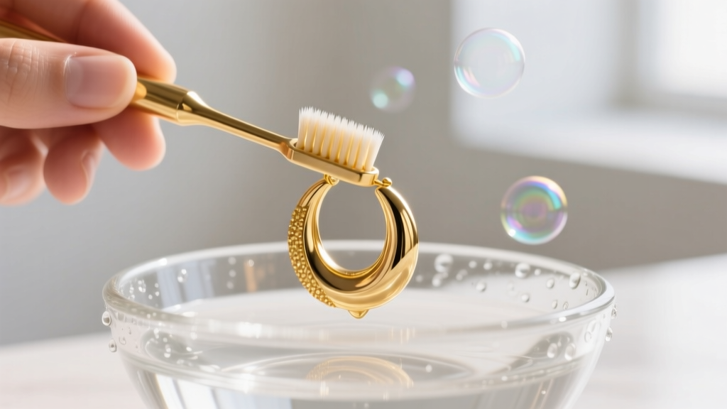 Hands brushing a soapy 18k gold hoop earring with a soft toothbrush over a glass bowl, bright natural light, macro photography.