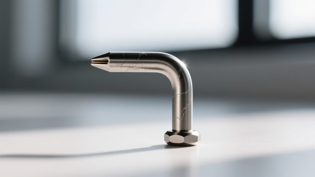 Macro view of a 16-gauge titanium threadless pin showing the precise one-millimeter bend angle required to create secure tension